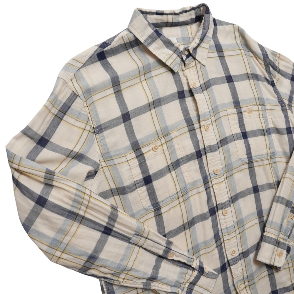 Lucky Brand Shirt Mens Large Cream Blue Plaid Cotton Western Button Up